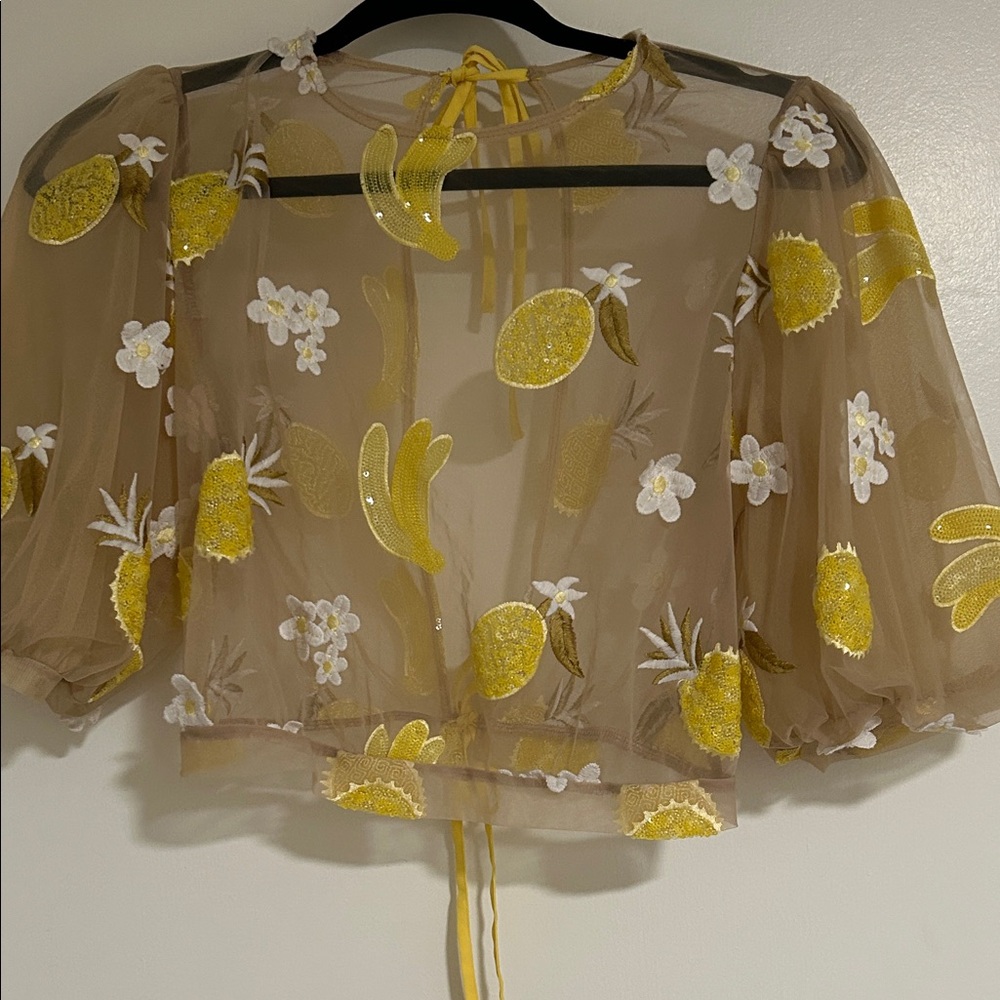 Floral Embroidered Sheer Top - Yellow and Cream
